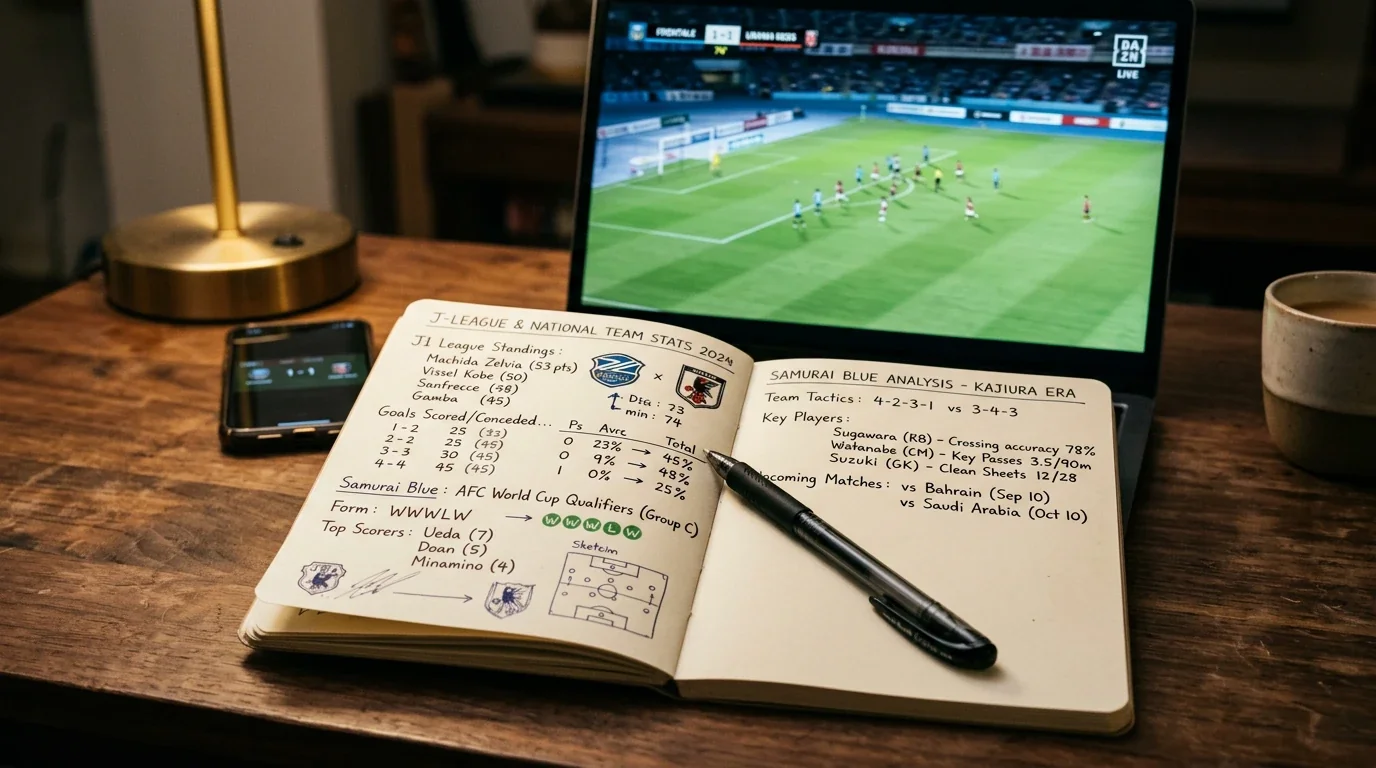 Cuaderno de analista con anotaciones de datos de la J-League y estrategias de apuestas